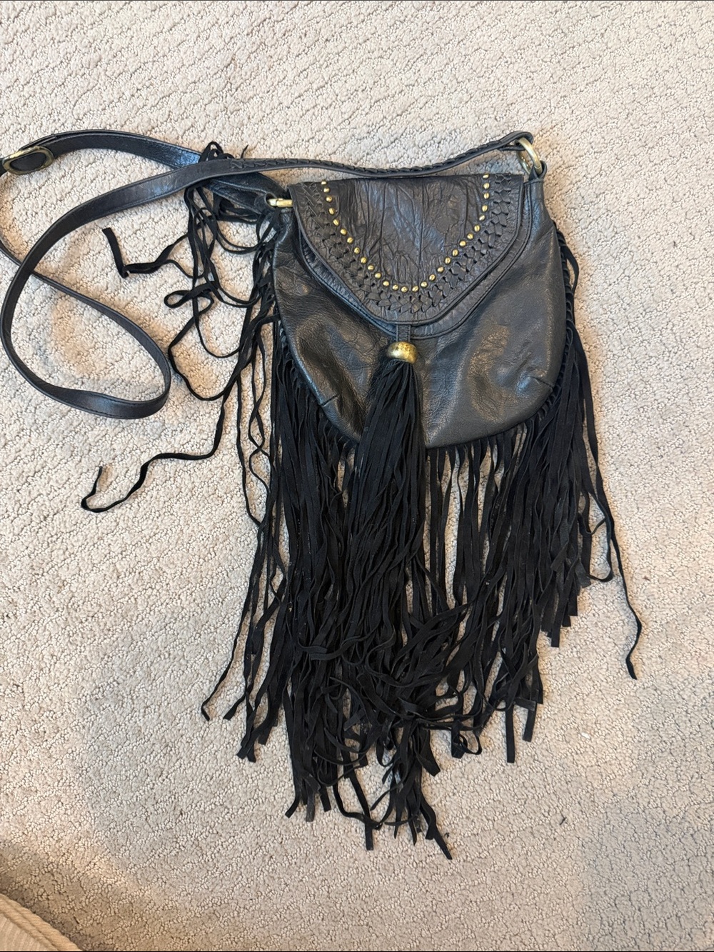 Black Fringe Crossbody Bag with Stud Detail